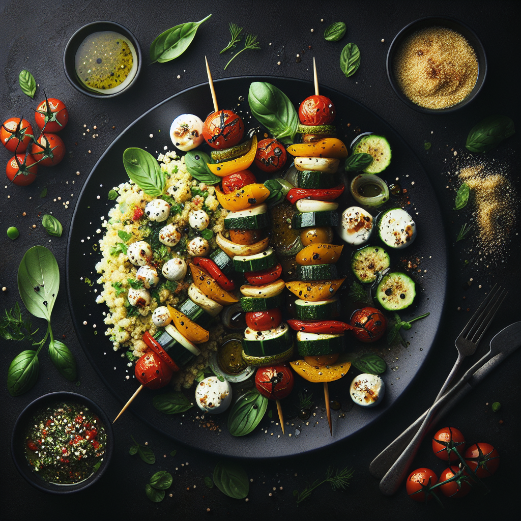 Brochettes de légumes de saison avec une salade de couscous aux herbes et mozzarella