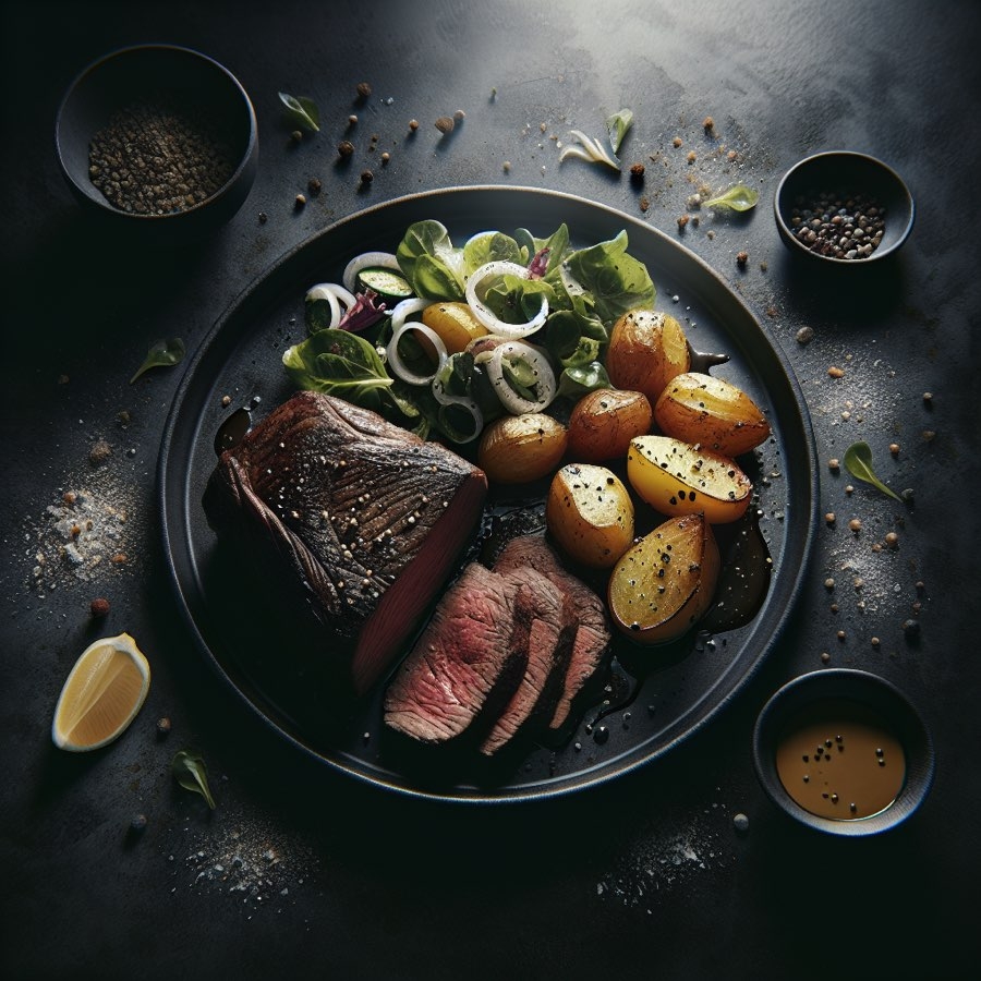 Bœuf rôti, pommes de terre au four et salade fraîche