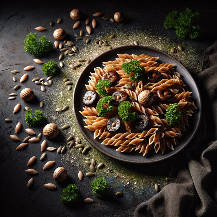 Pâtes aux champignons, persil et graines de tournesol