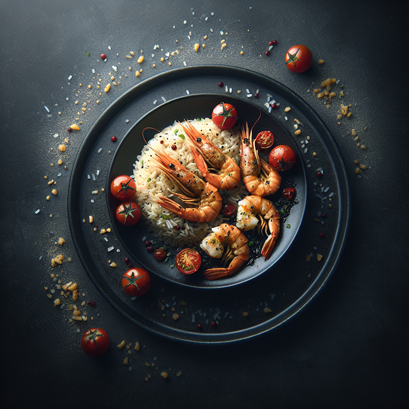 Scampi à l'ail avec tomates cerises et riz