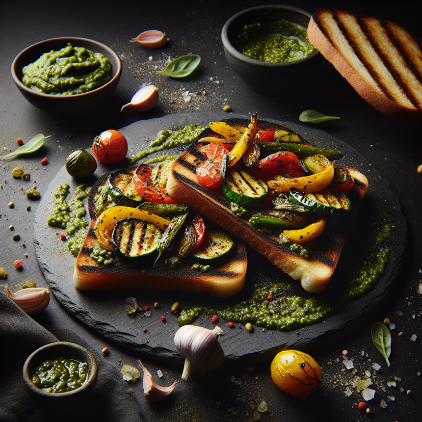 Tartines grillées au pesto et légumes rôtis